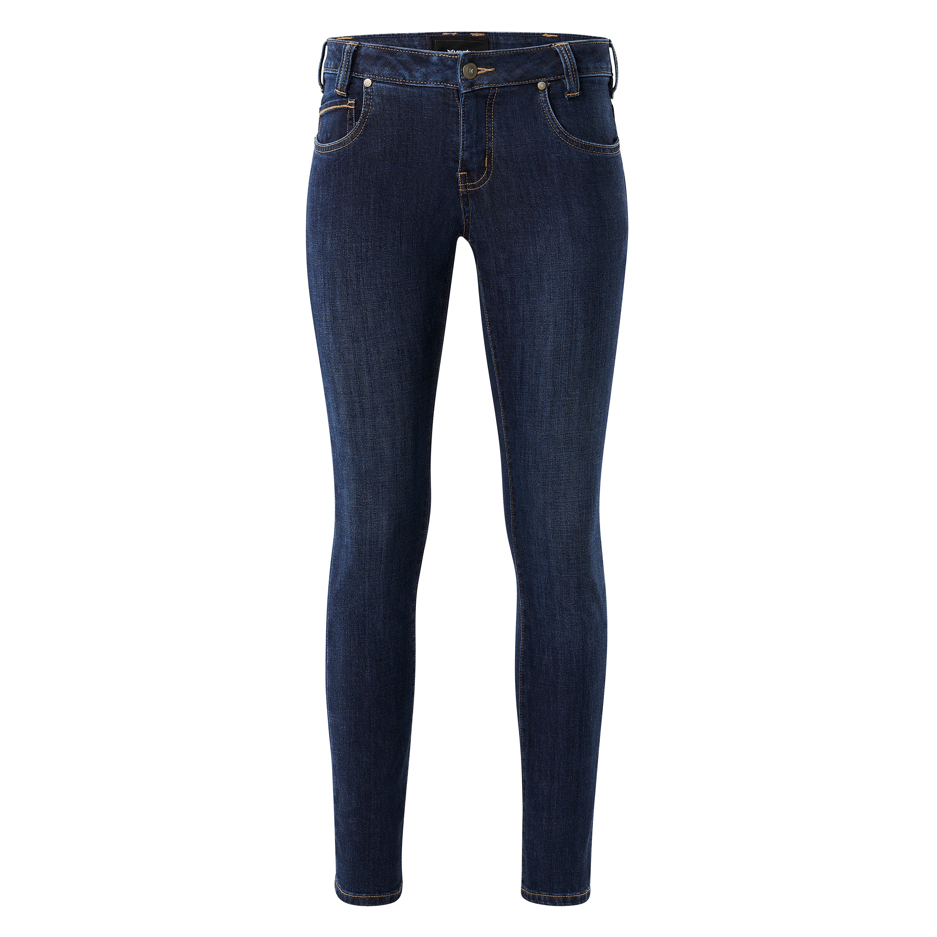 Product shot of dark wash skinny jeans showing a button fly, contrast stitching, and subtle fading