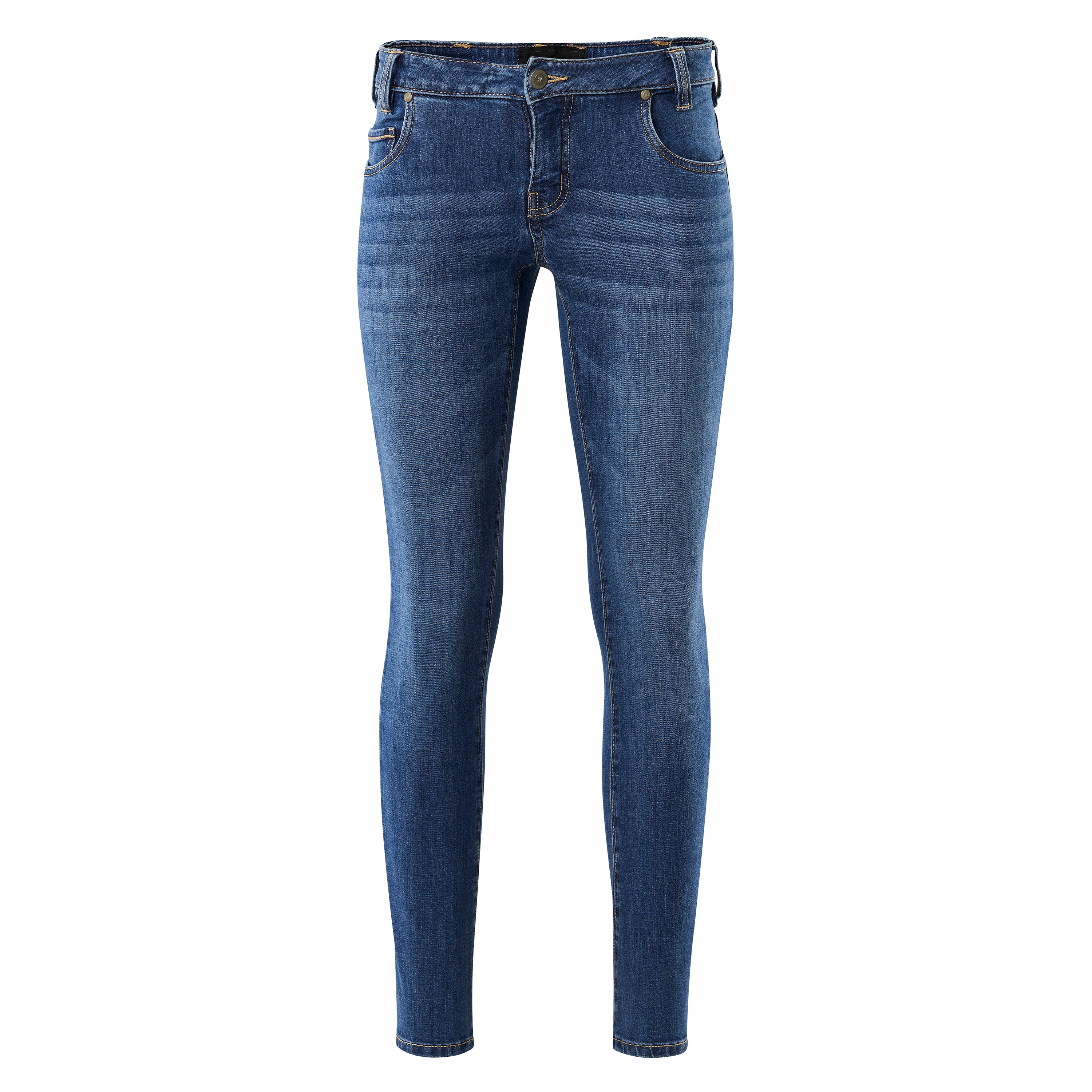 Product shot of a pair of mid-rise, dark wash skinny jeans featuring a button fly, subtle fading, and visible stitching