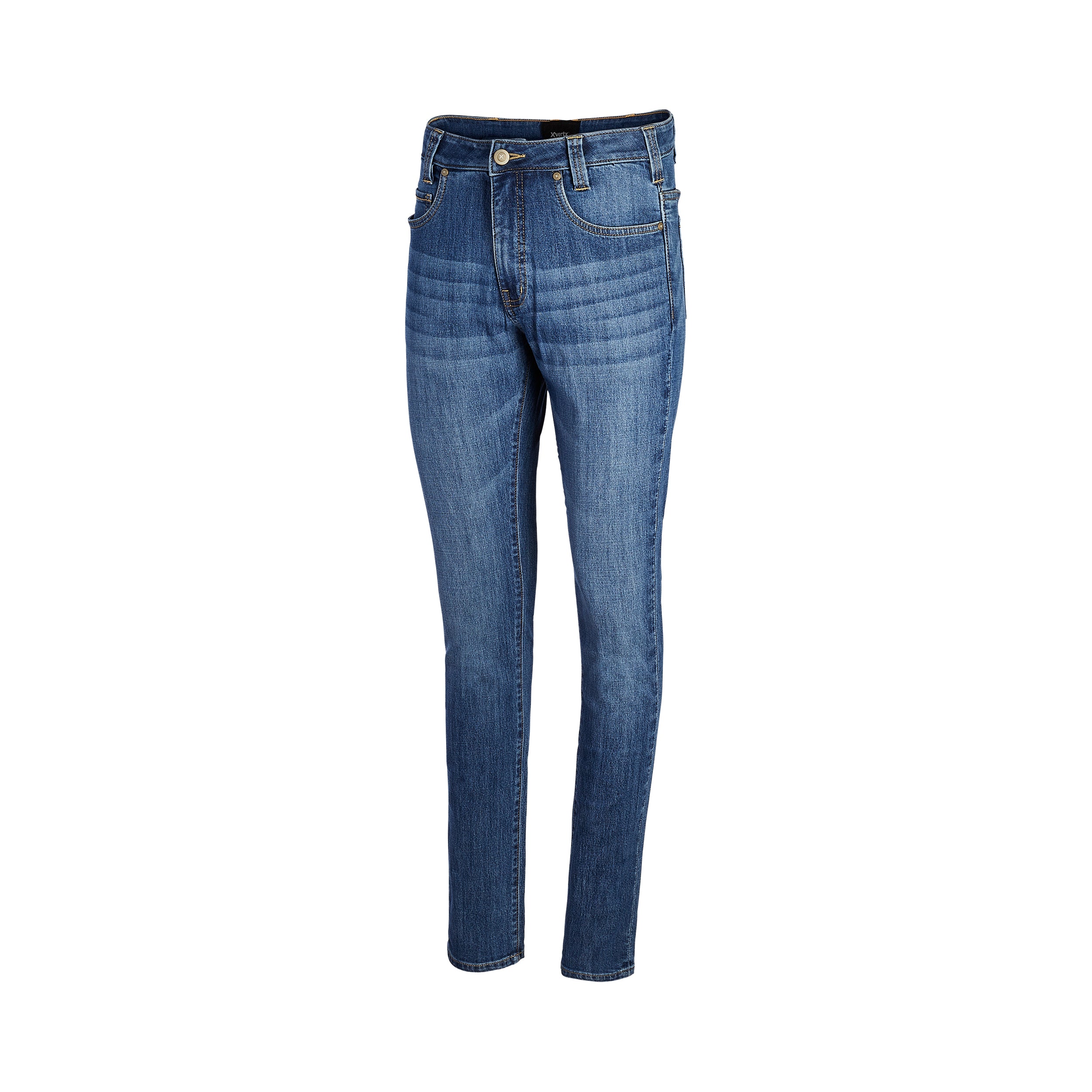 Product shot of a pair of men's blue denim jeans featuring a classic five-pocket design, a dark-colored branded tag, and subtle fading details along the legs