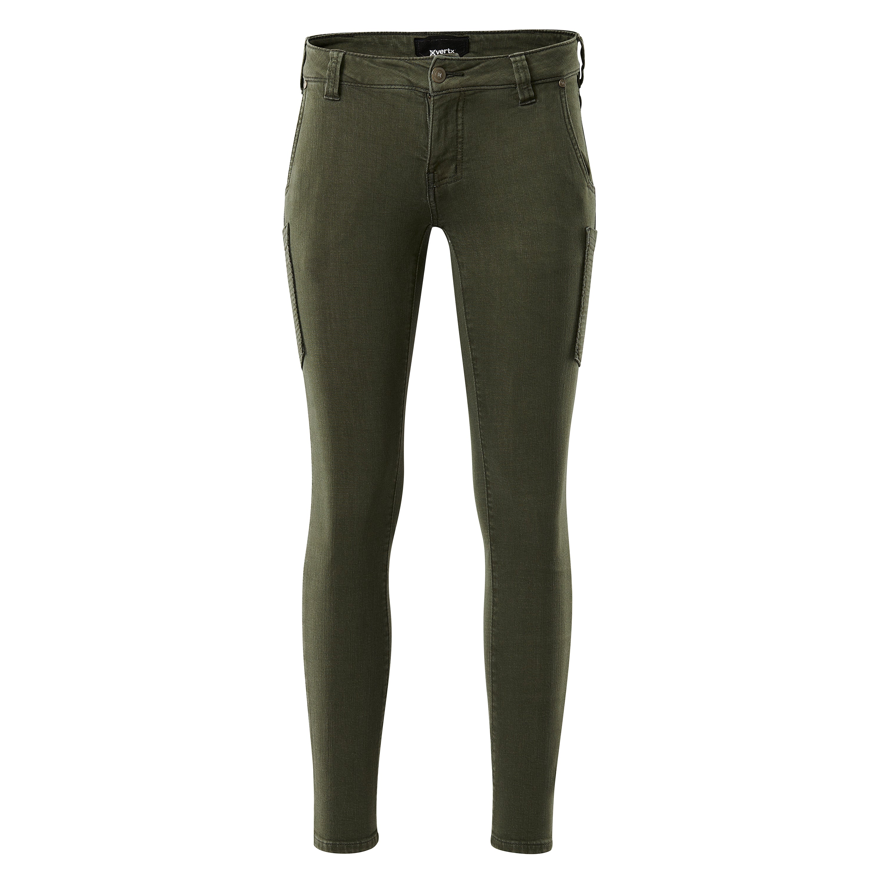 Product shot of women's olive green skinny jeans featuring a branded waistband, functional pockets and subtle stitching details