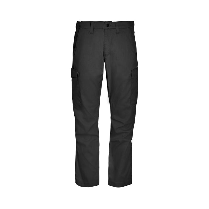 Product shot of black tactical cargo pants featuring a button fly and two side cargo pockets with subtle creasing and a dark matte finish