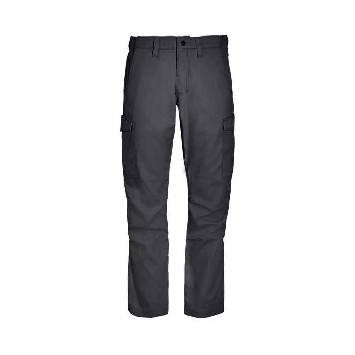 Product shot of dark gray tactical cargo pants featuring multiple pockets and a buttoned waistband against a white background