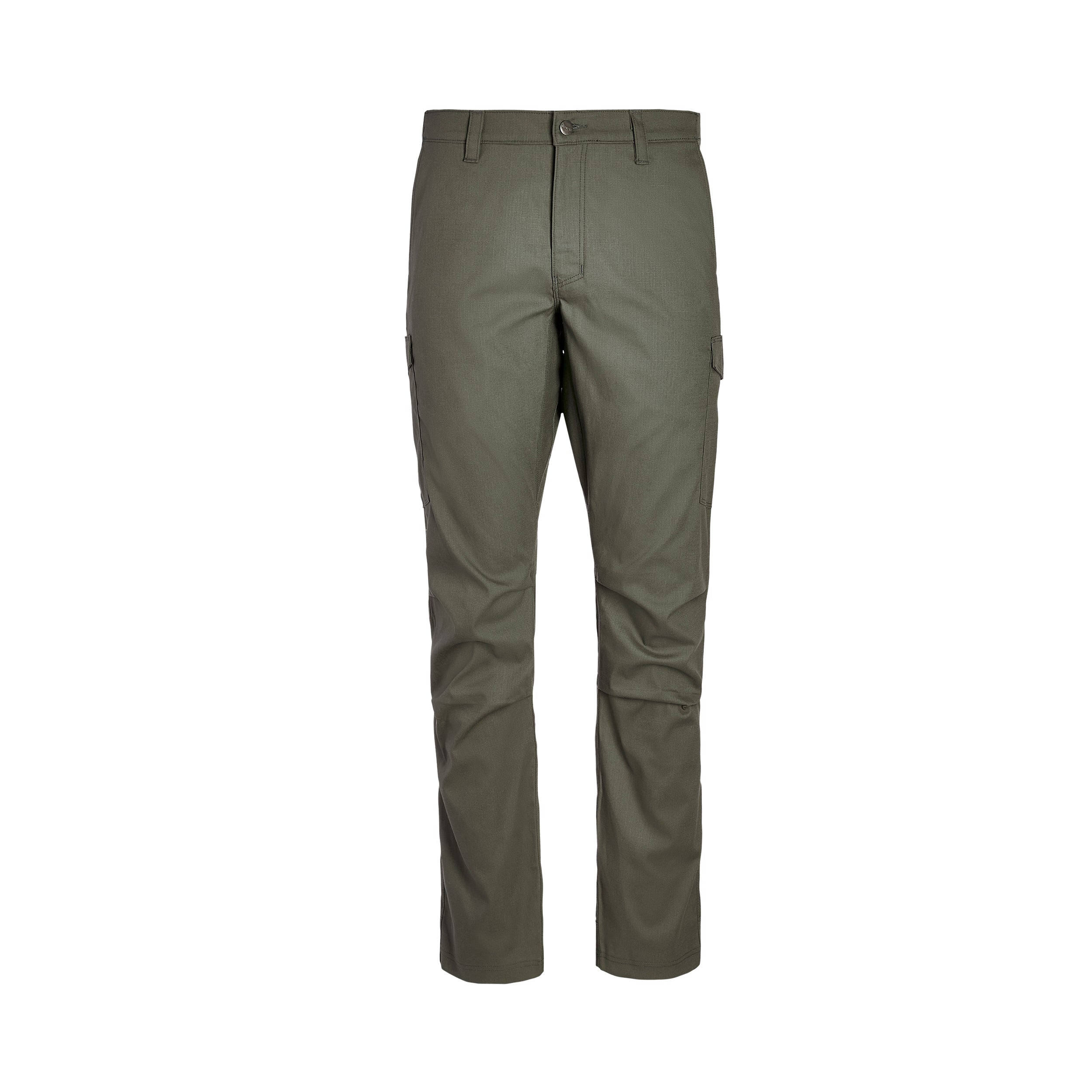 Product shot of olive green cargo pants featuring a button fly and two side pockets with subtle texture and stitching details