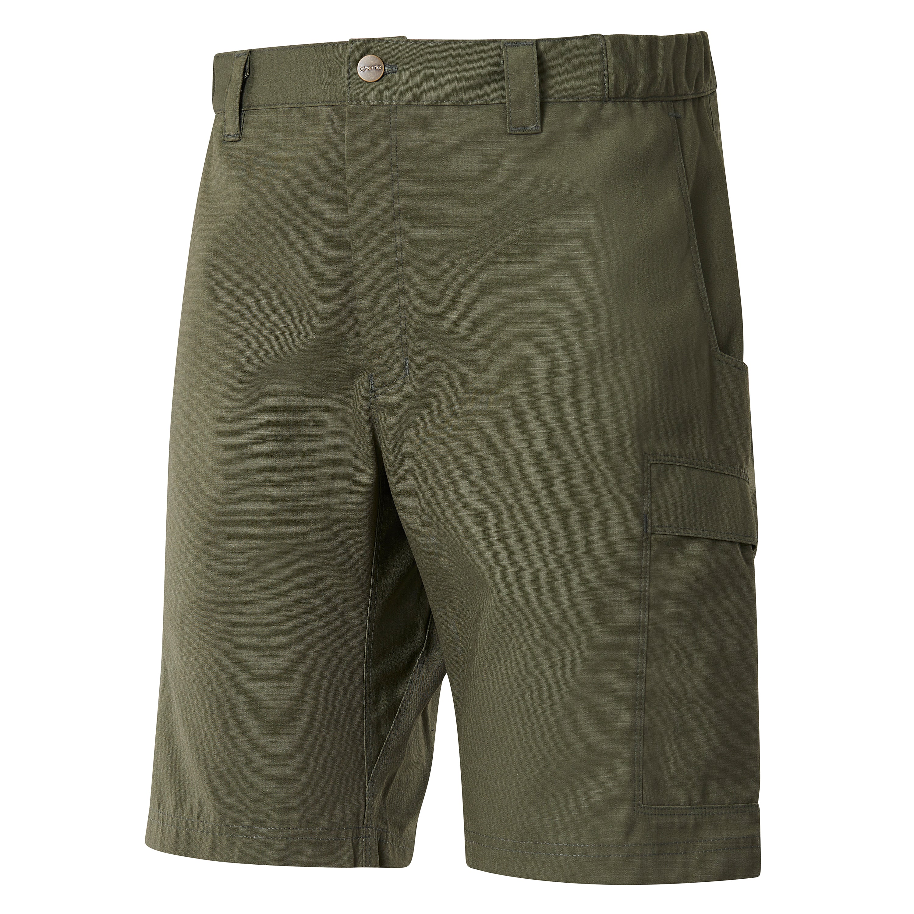 Product shot of olive green cargo shorts featuring a button closure, two side pockets, and a double-stitched hem