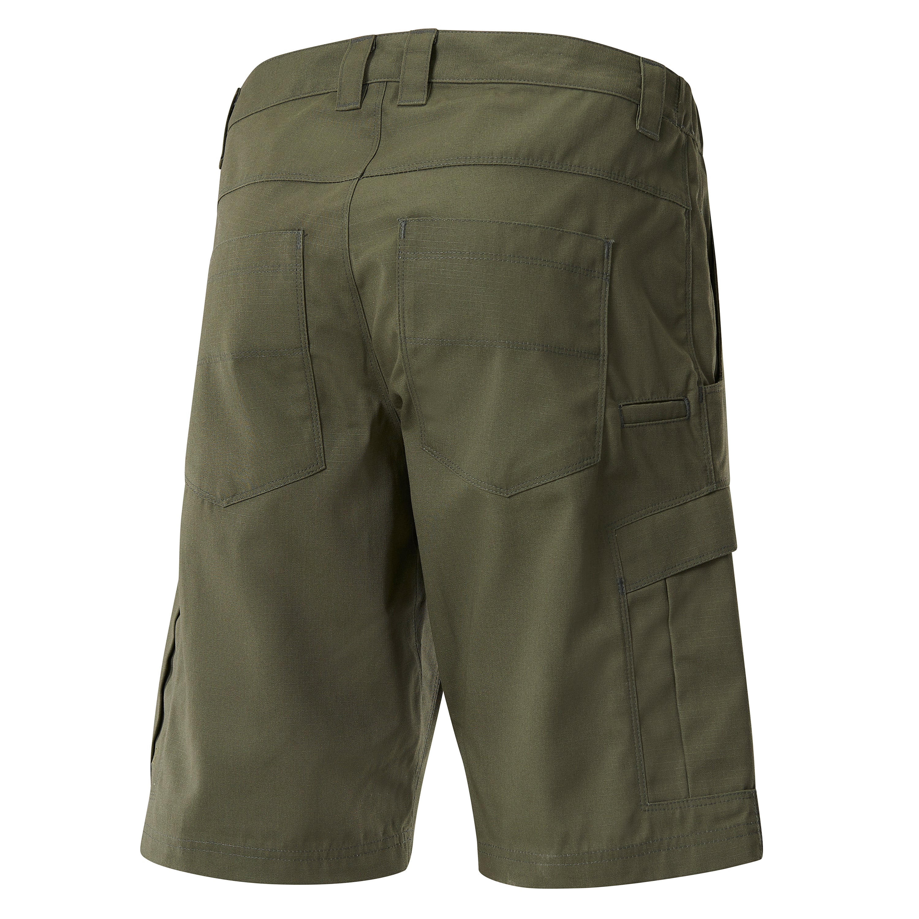 Product shot showing olive green cargo shorts with multiple pockets, a buttoned waistband, and subtle textured fabric