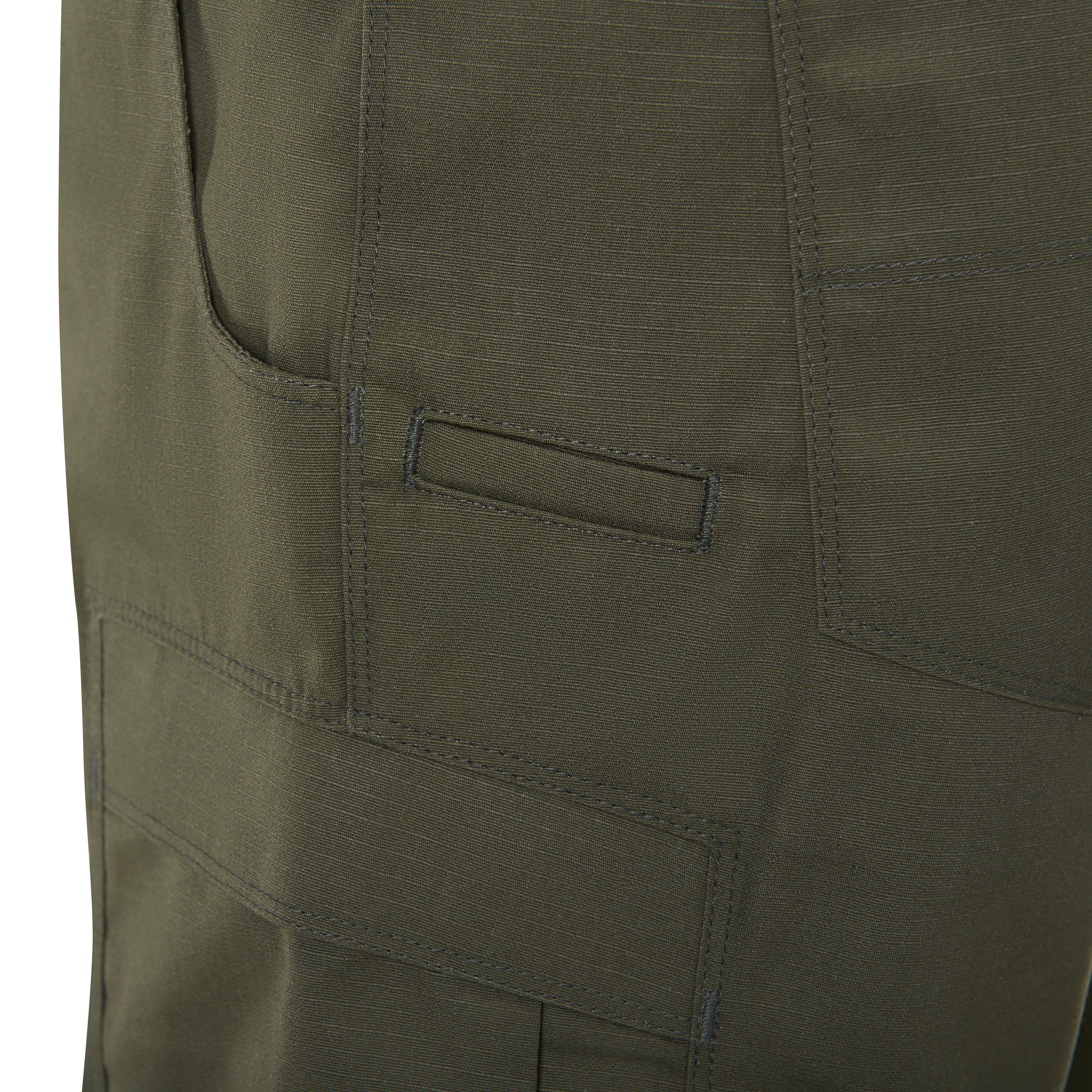 Close-up of olive green fabric showing detailed stitching, multiple pockets, and a subtle textured weave