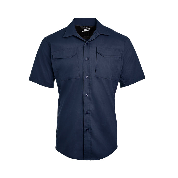 Product shot of a navy blue Xerta short sleeve shirt featuring two chest pockets and a button-down collar against a white background