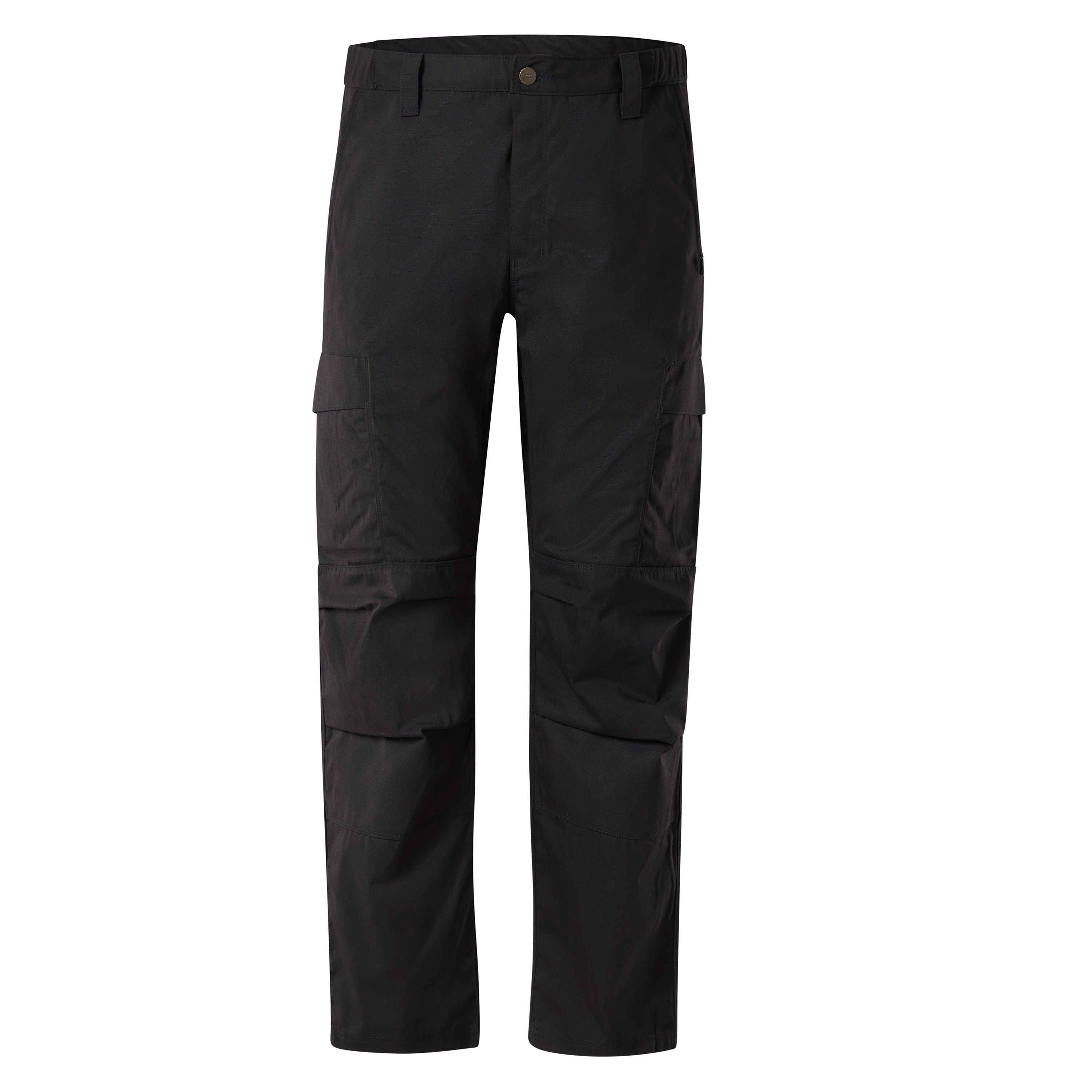 Product shot of black cargo pants featuring multiple pockets and a buttoned waistband, showing a dark fabric with subtle texture and clean lines