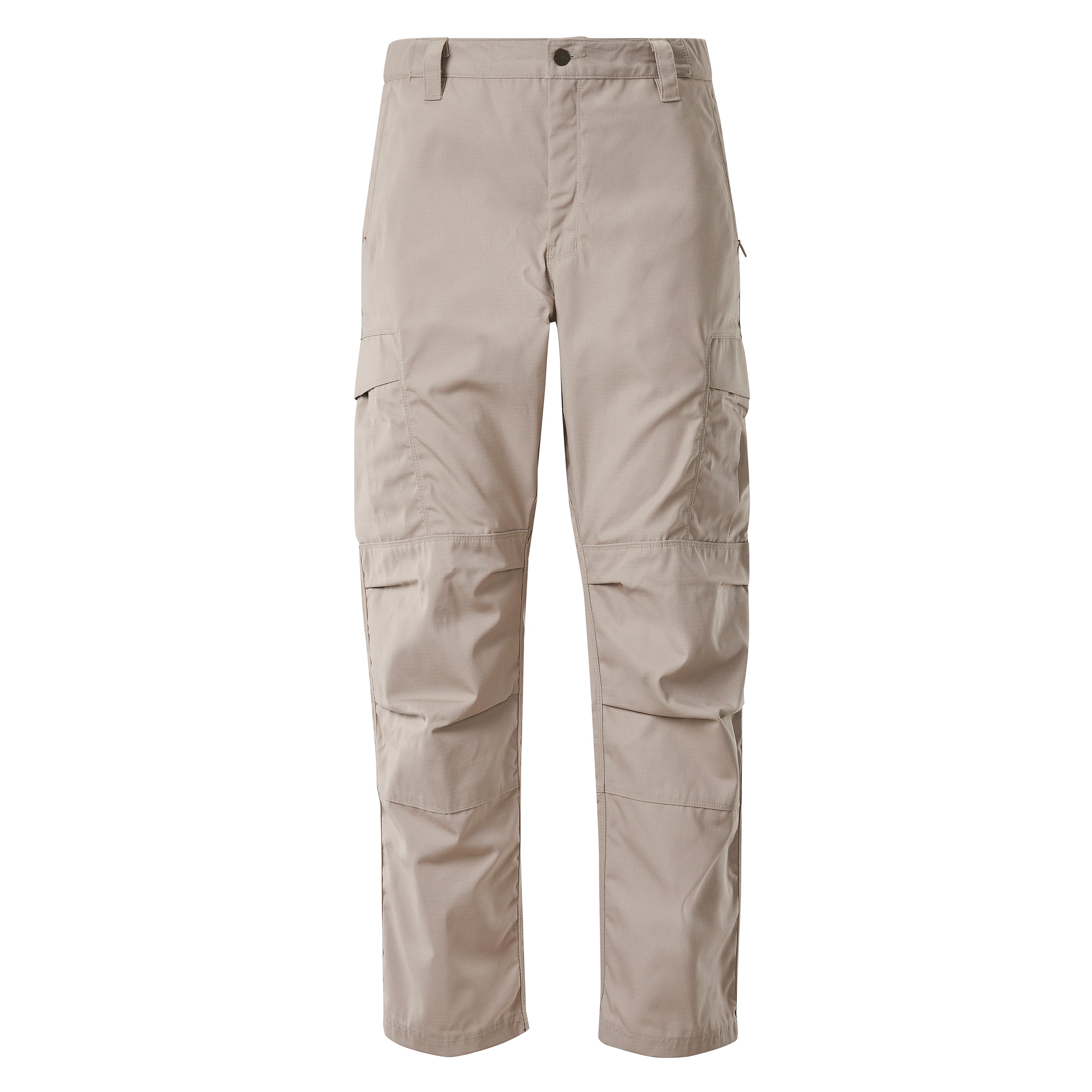 Product shot showing a pair of beige tactical pants featuring multiple pockets a buttoned waistband and subtle textured fabric