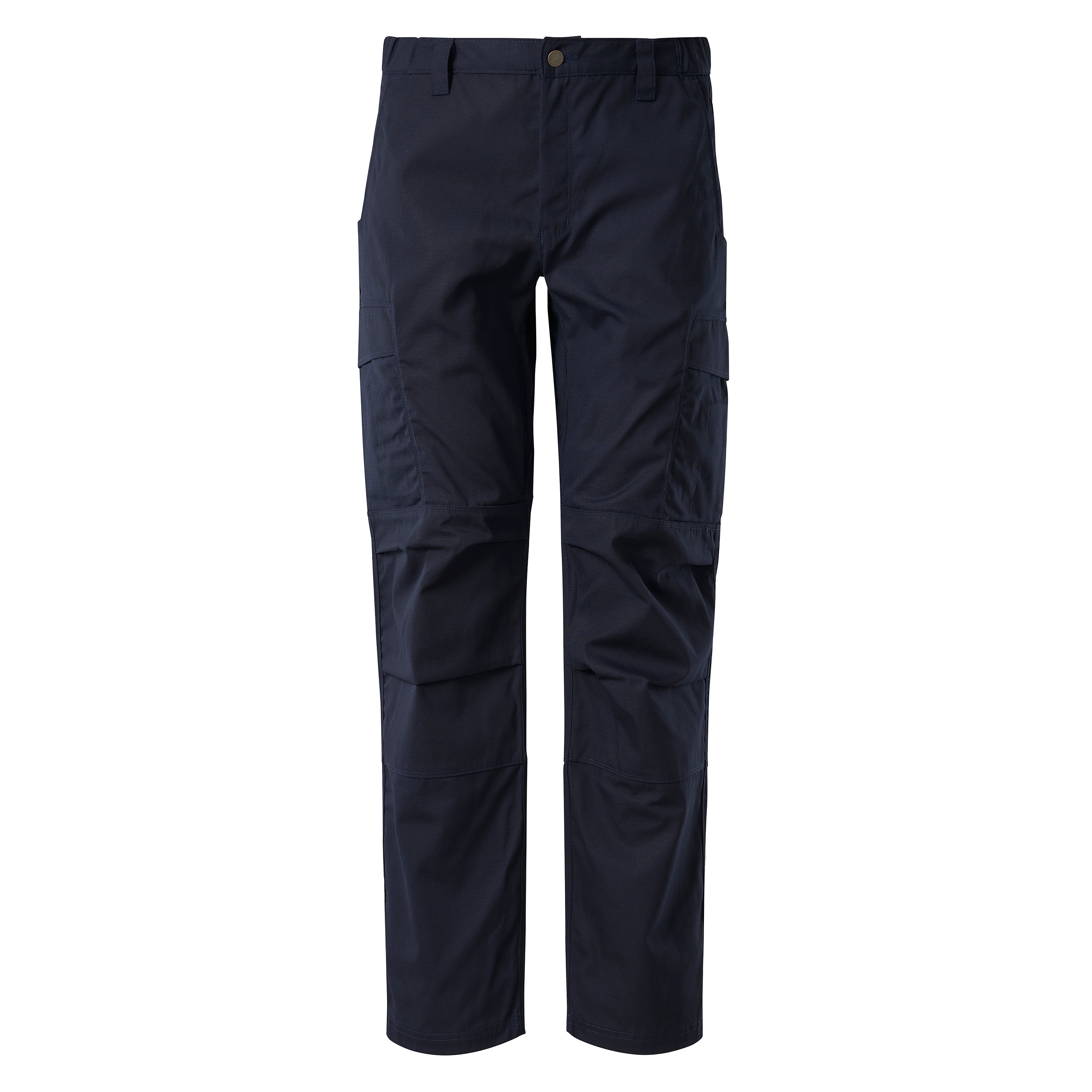 Product shot of navy blue cargo pants featuring multiple pockets reinforced knees and a buttoned waistband