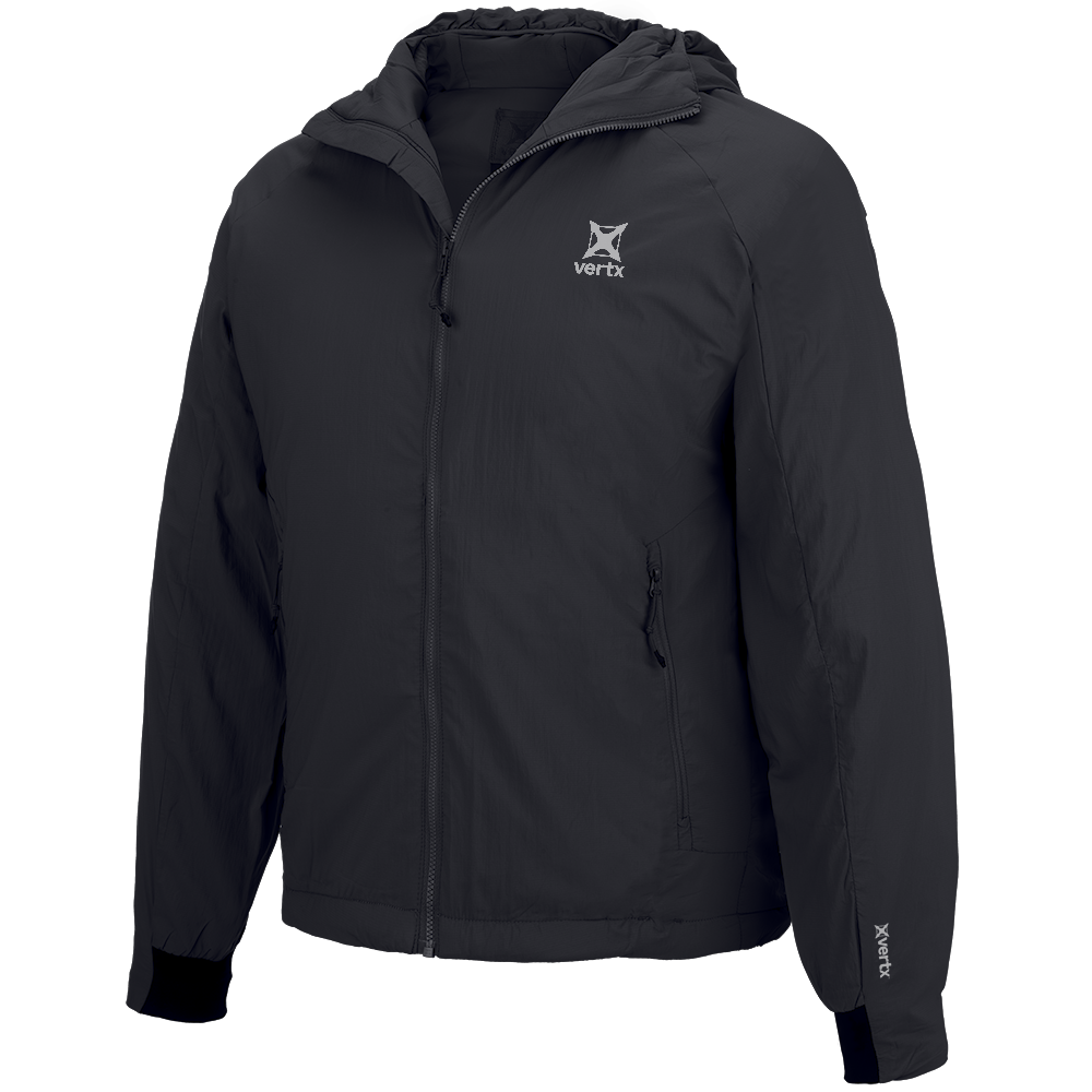 Product shot of a Vertx black insulated hooded jacket featuring a zippered front a small zippered pocket and subtle gray logo