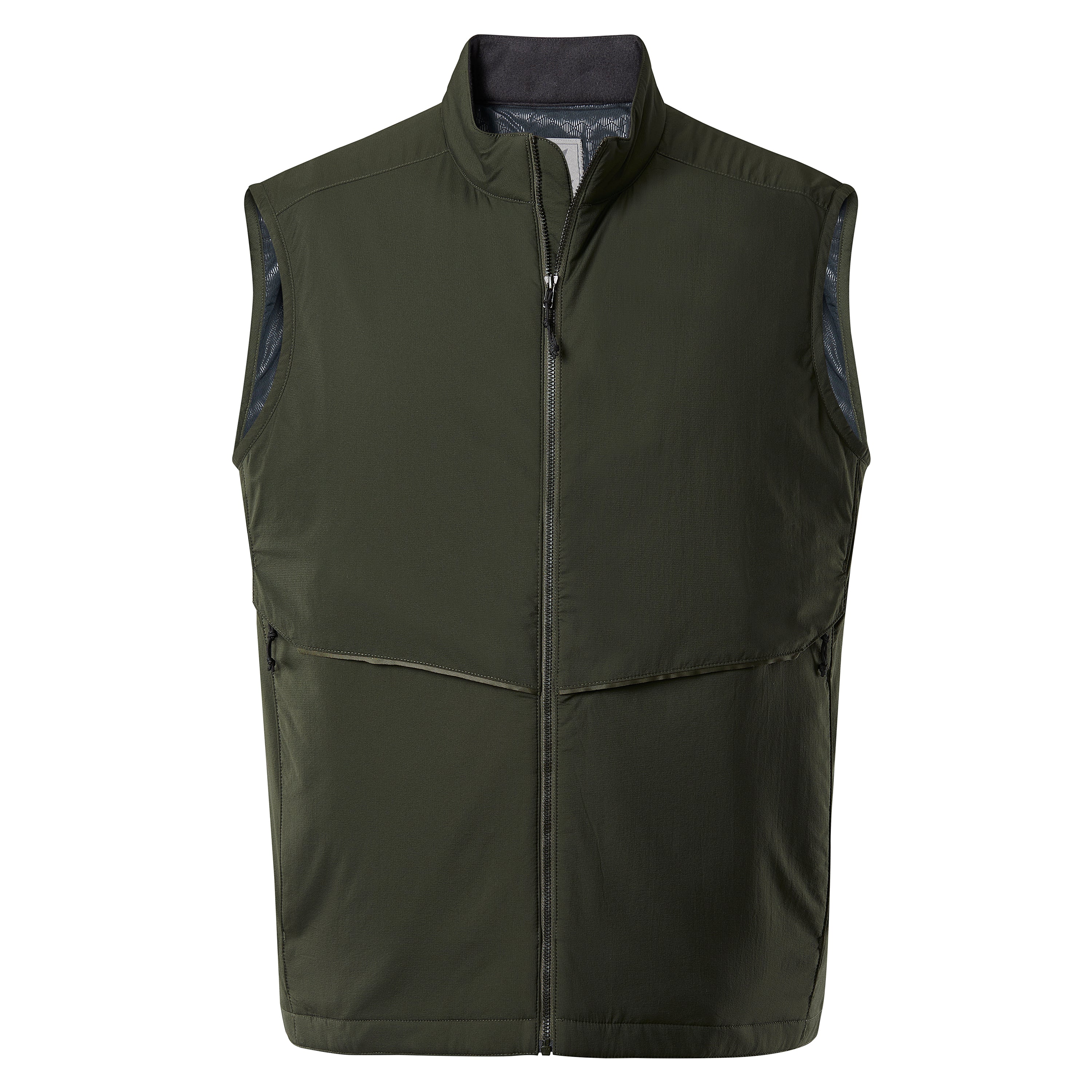 Product shot of a dark olive green sleeveless zip-up vest with a dark gray collar and subtle stitching details along the pockets and hem