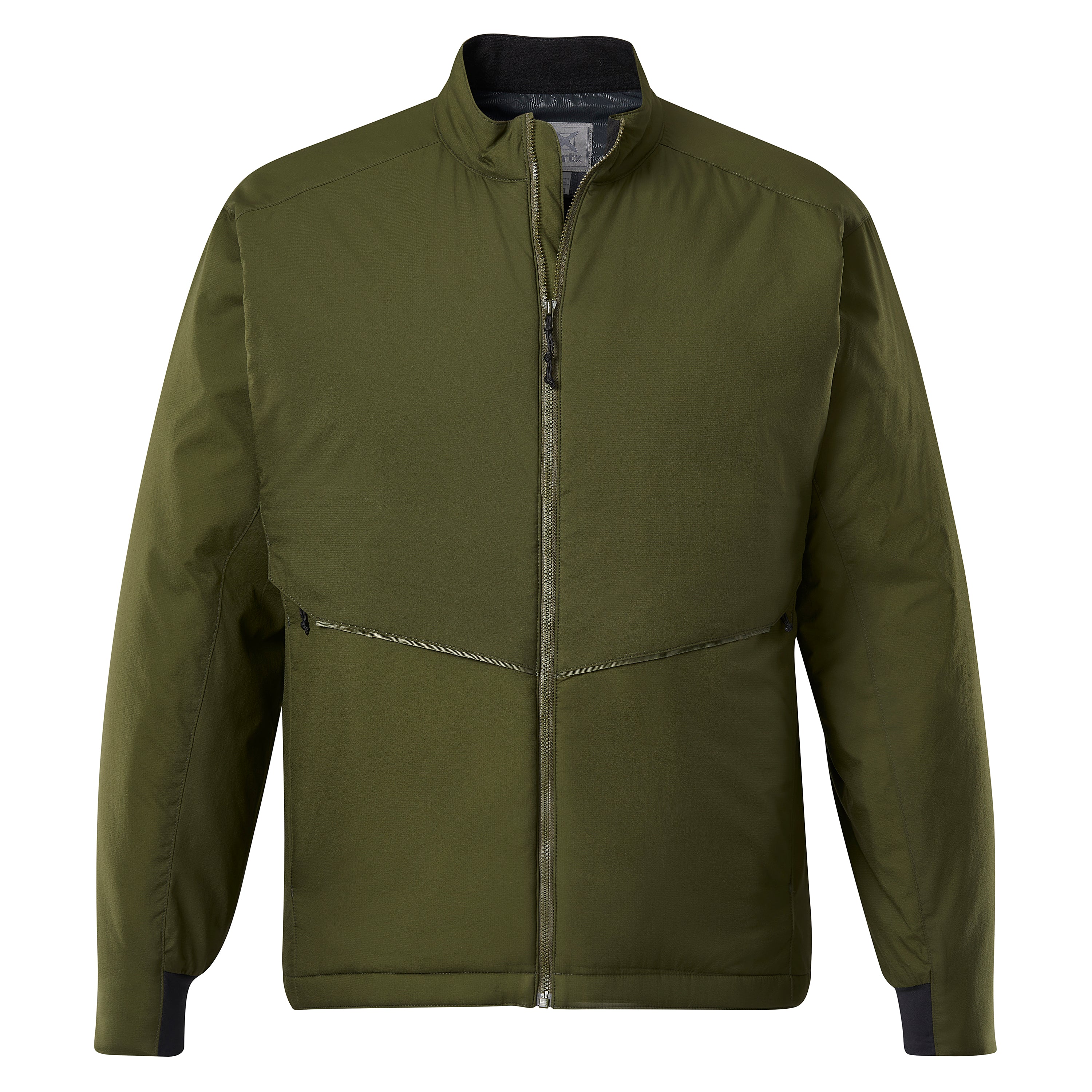Product shot of an olive-green Arc'teryx men's insulated jacket featuring a stand-up collar, a full-length zipper, and subtle silver accent stitching along the seams