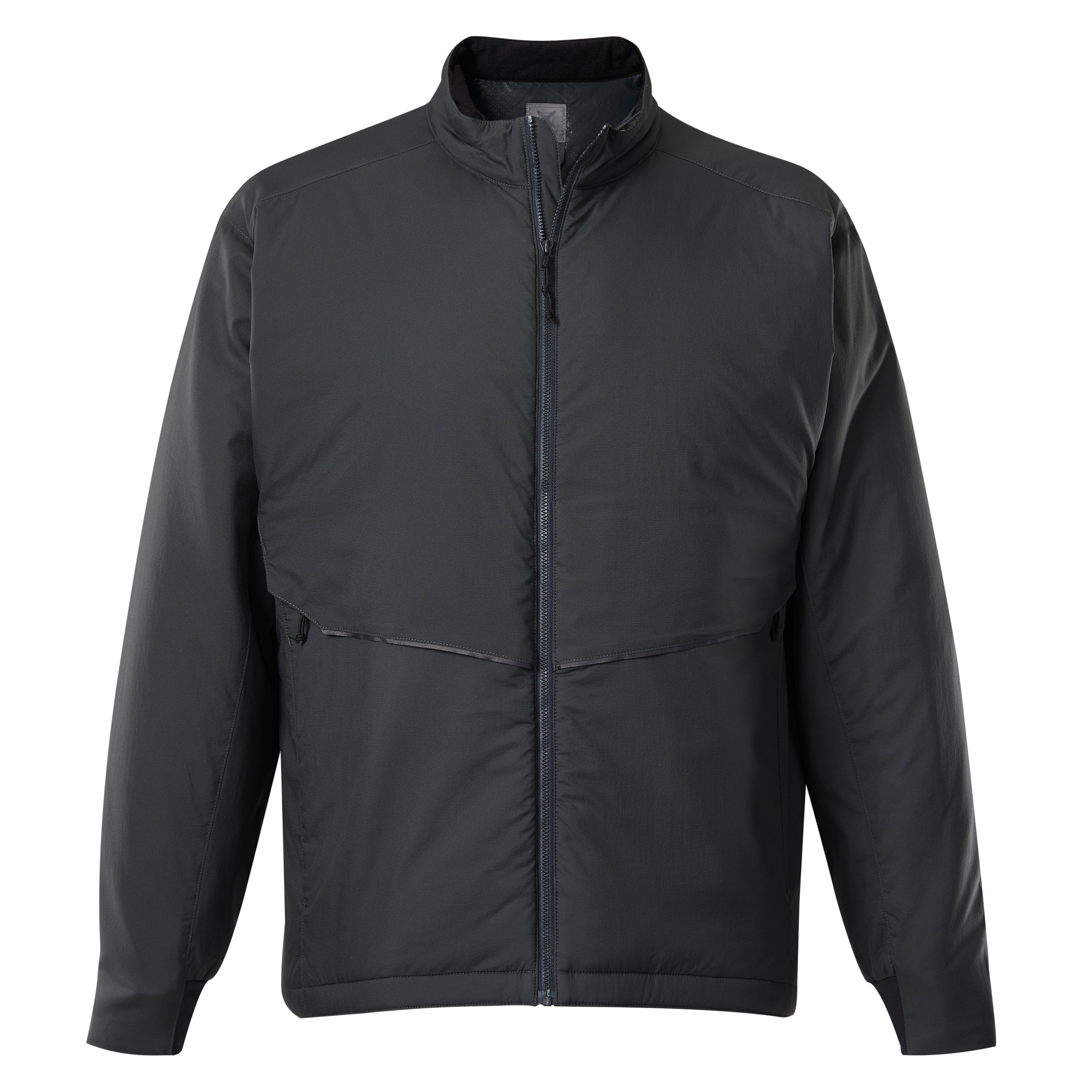 Product shot of a dark gray Arc'teryx jacket featuring a full-length zipper, subtly contrasting stitching, and ribbed cuffs.