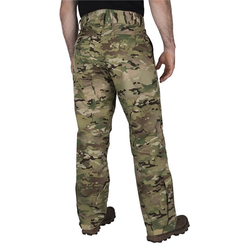 Product shot of camouflage pants showing a rear view with adjustable cuffs and a comfortable waistband featuring muted greens browns and tans