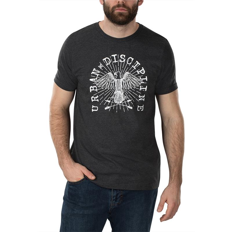 Graphic tee featuring a white stylized eagle with crossed arrows and sunburst design encircled by the words Urban Discipline