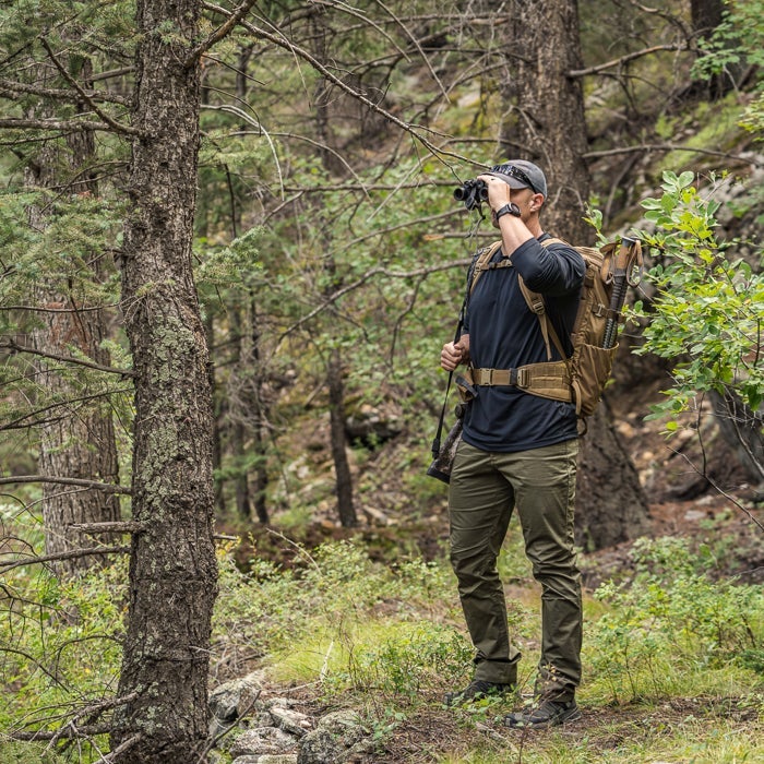 Photograph of a man using binoculars in a dense forest with tall trees and a rocky path, wearing olive green pants and a black shirt, carrying a tan backpack and trekking poles
