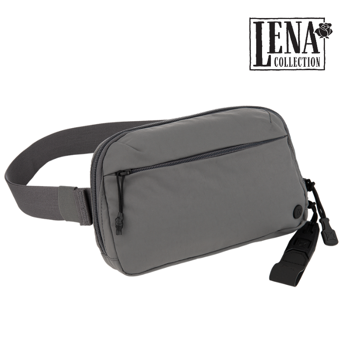 Lena Collection gray fabric waist bag with adjustable strap zippered compartments and dark gray accents