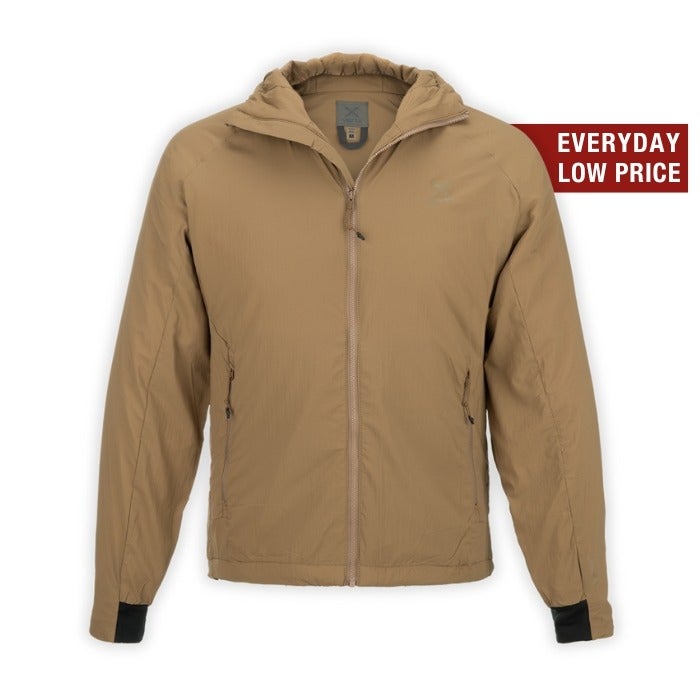 Product shot of a tan Helikon-Tex jacket with a zippered front and black cuffs showcasing subtle texture and a minimalist design