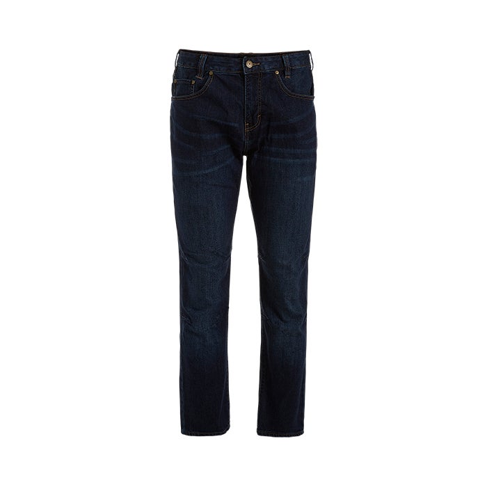 Product shot of dark wash denim jeans showing subtle distressing and a classic five-pocket design