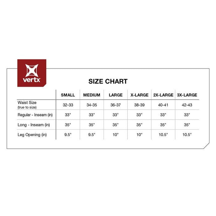 Vertex size chart showing waist size inseam and leg opening measurements in inches for small to 3X-large sizes with detailed specifications for regular and long inseams
