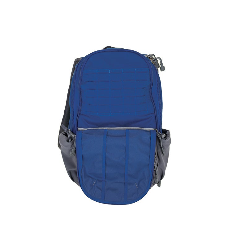 Product shot of a blue and gray backpack featuring MOLLE webbing a zippered front pocket and adjustable straps