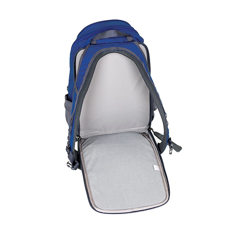 Product shot of a blue and gray backpack with padded laptop sleeve and mesh back panel showing spacious interior compartments