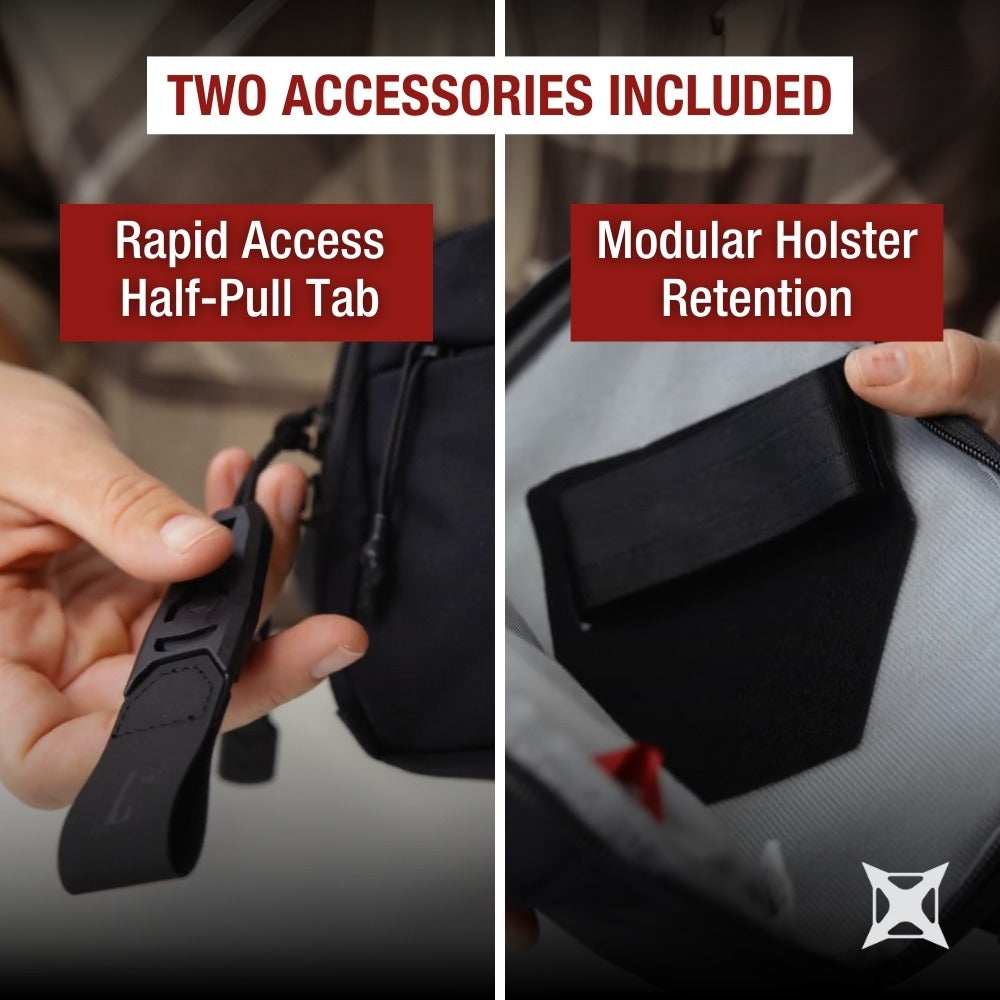Product shot showing a black modular holster with a rapid access half-pull tab and modular holster retention featuring gray interior lining and red accent stitching