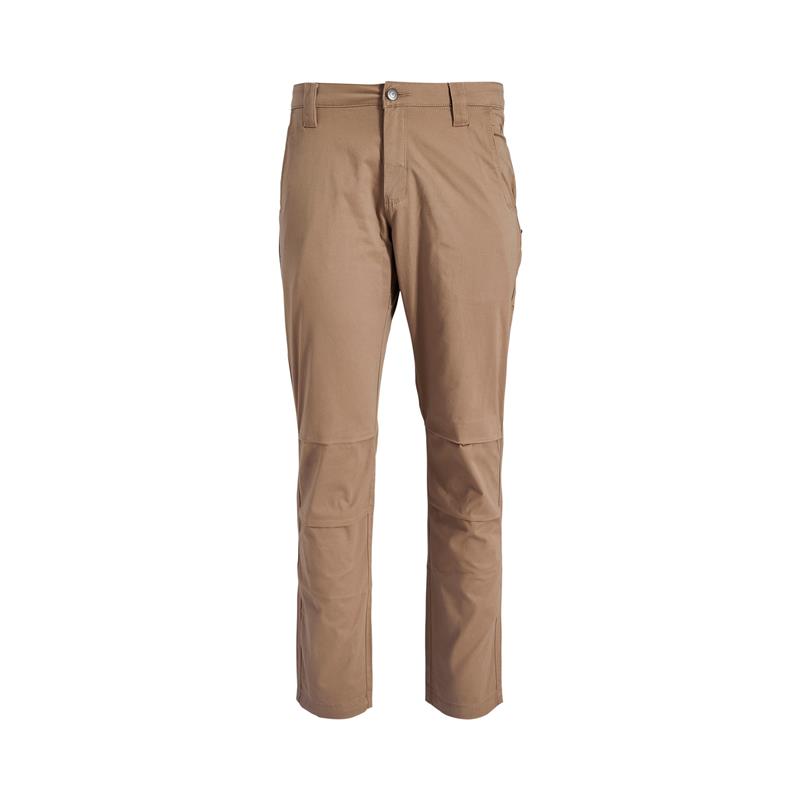 A pair of men's tan work pants featuring reinforced knee panels a button closure and prominent belt loops