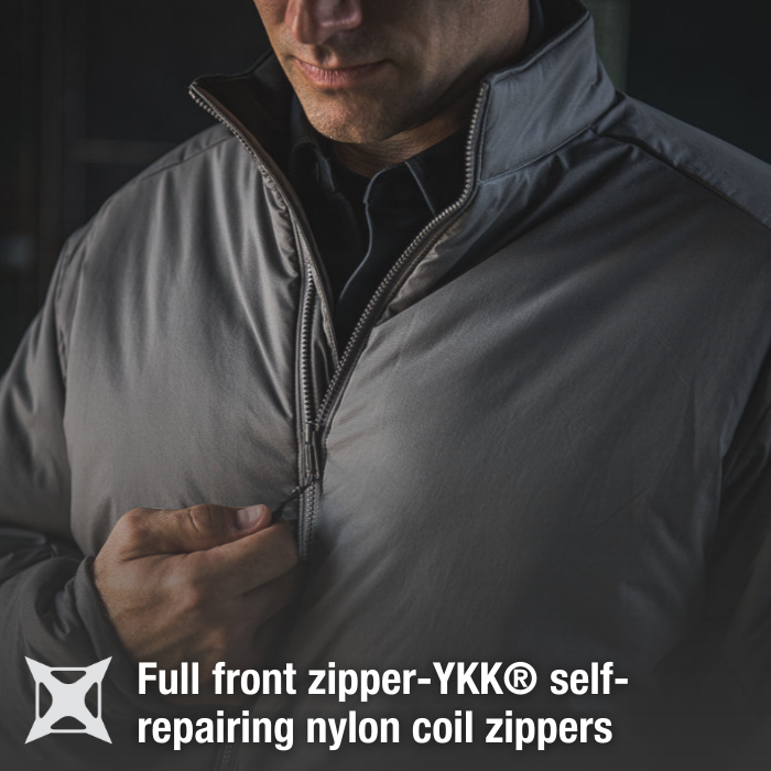 Close-up photograph of a man adjusting a gray jacket featuring a YKK self-repairing nylon coil zipper tan collar and subtle texture