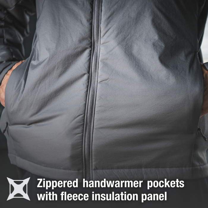 Close-up of a gray insulated jacket showcasing zippered handwarmer pockets with fleece lining and a detailed central zipper
