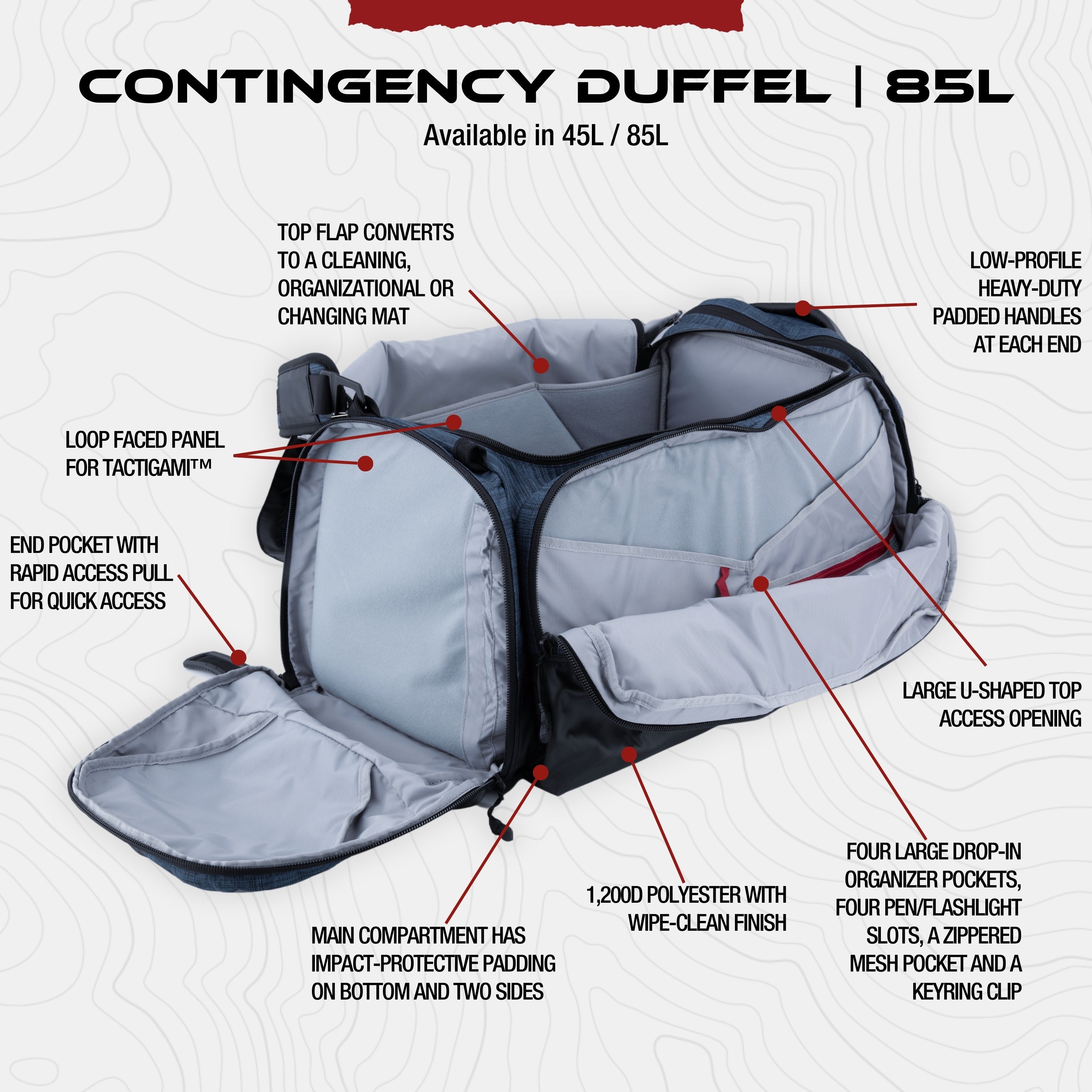 Product shot of a blue and gray 85L Contingency Duffel bag featuring padded handles, a large U-shaped top opening, and multiple internal organizer pockets with a wipe-clean finish