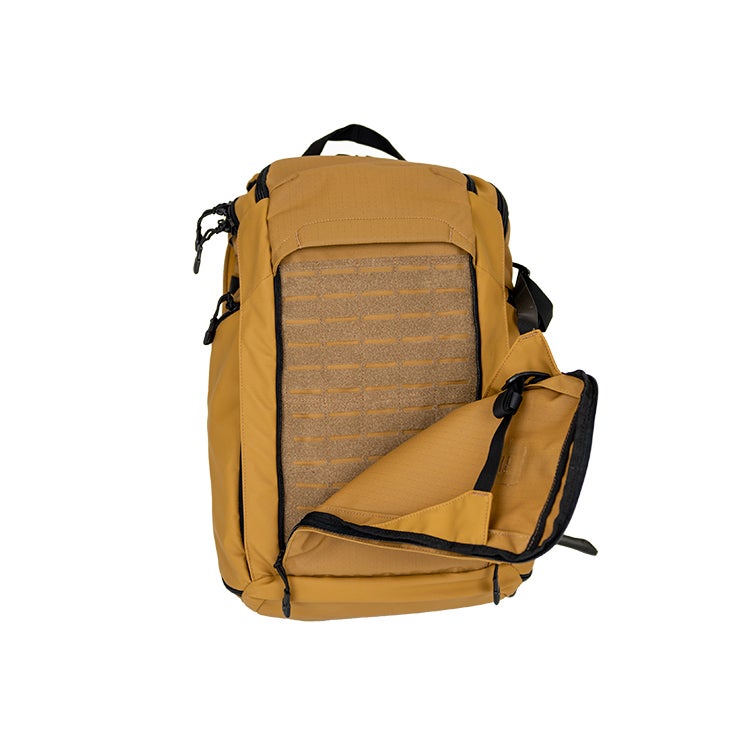 Product photography of a mustard-colored backpack with black accents and a unique MOLLE-style panel showing internal organization details like zippered compartments and a padded back panel