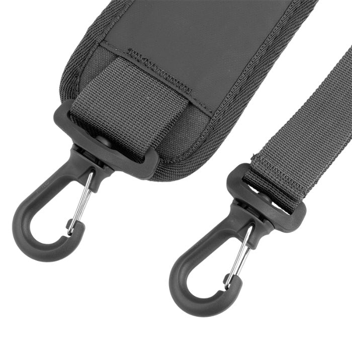 Close-up product shot showing a black nylon shoulder strap with plastic carabiner clips and a padded section ideal for carrying bags or equipment