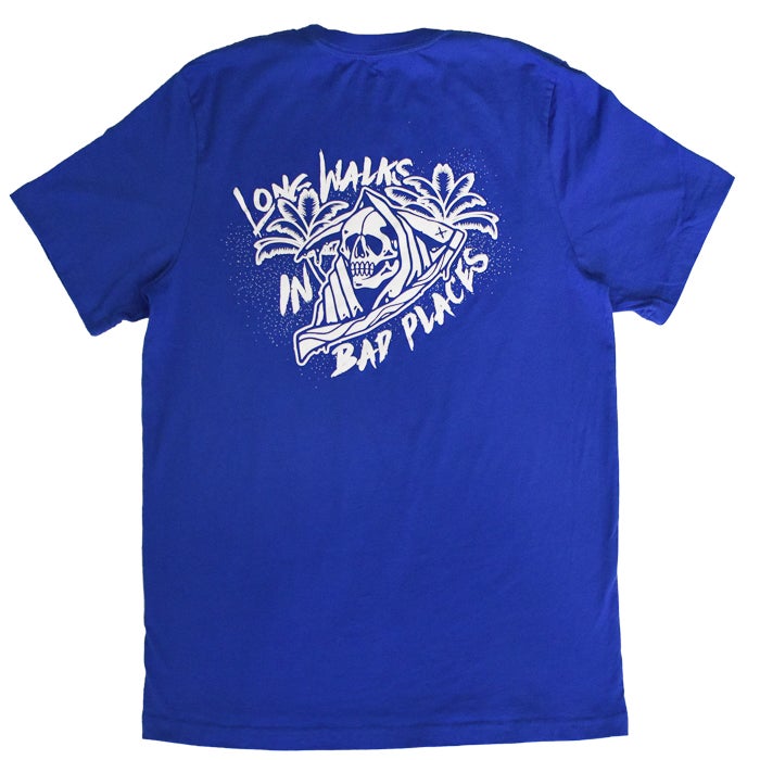 Graphic tee featuring a white Grim Reaper design with palm trees and the text Long Walks in Bad Places on a royal blue shirt