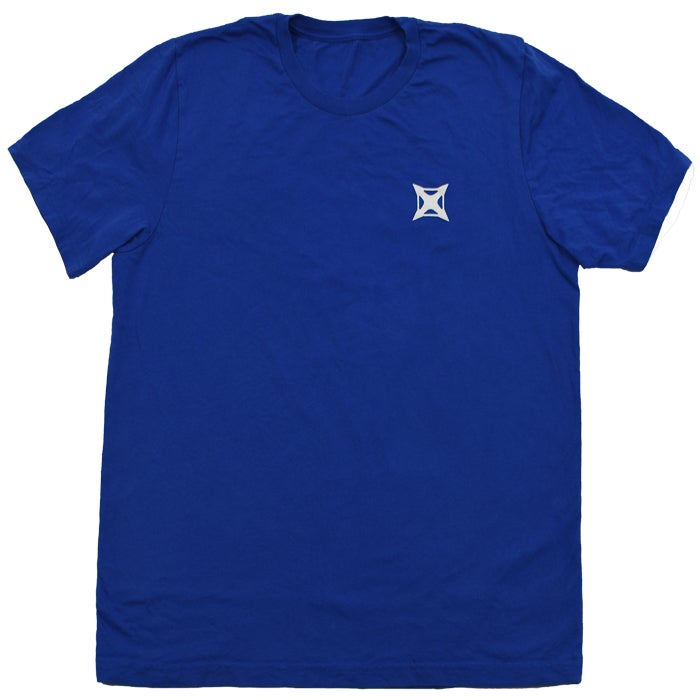 Product shot of a royal blue t-shirt featuring a small, white, geometric logo a simple design with subtle white trim on the sleeves