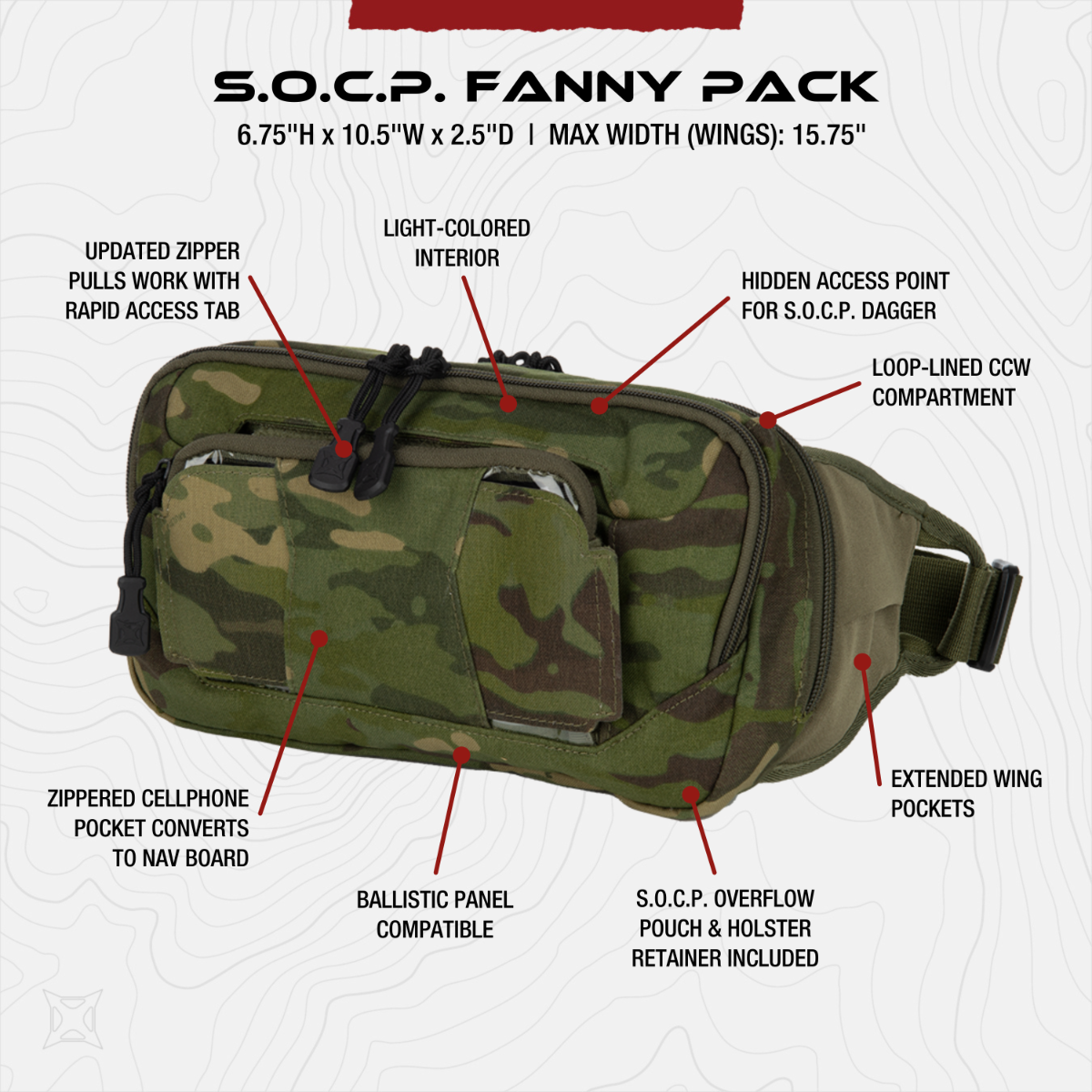 Product shot of S.O.C.P Fanny Pack showcasing a camouflage design with updated zipper pulls, a light-colored interior and extended wing pockets