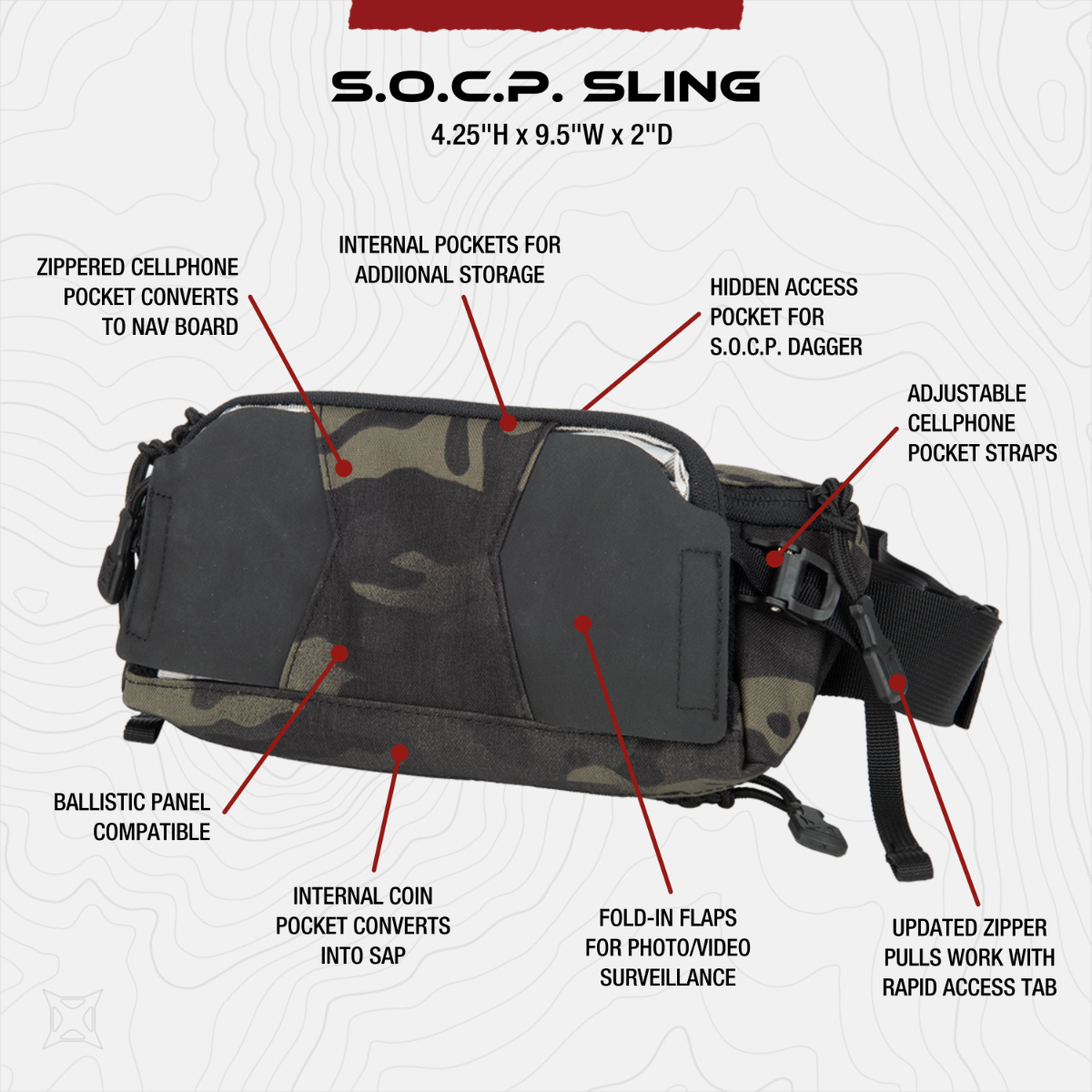 Product shot of the S.O.C.P Sling featuring a camouflage pattern, adjustable straps, and multiple zippered compartments for storage including a hidden pocket