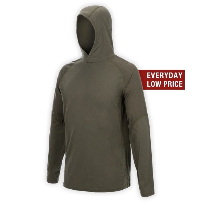 Product shot of a long-sleeved olive green hooded shirt featuring raglan sleeves and subtle side paneling showcasing a comfortable everyday low price