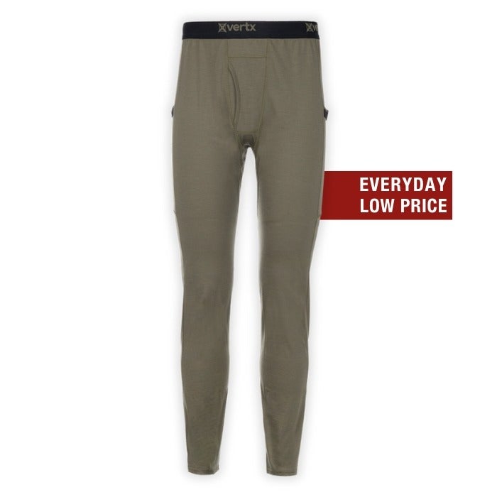 Product shot of Vertx men's olive green Everyday Low Price thermal underwear bottoms featuring a black waistband and side pockets