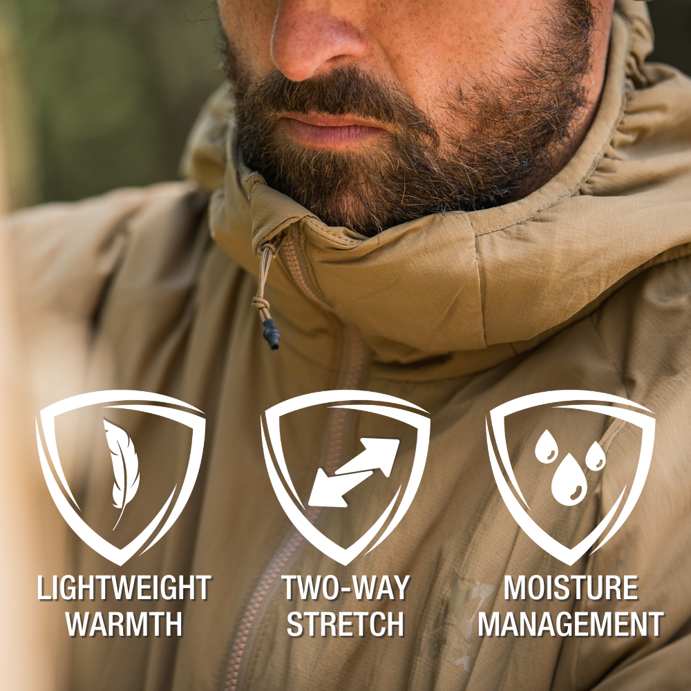 Close-up photograph of a tan, lightweight jacket with two-way stretch and moisture management showcasing a man's beard, neck, and hood.