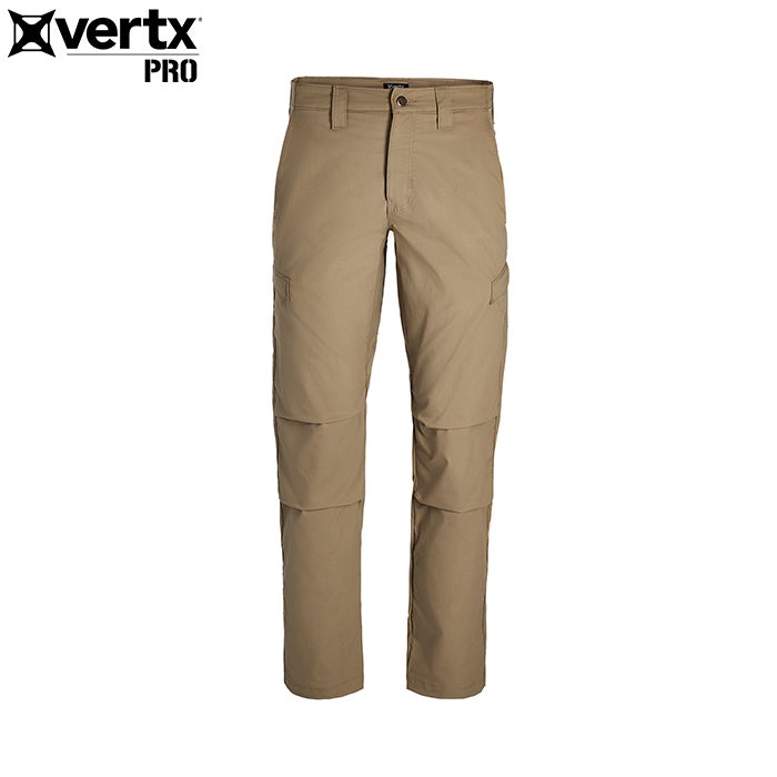 Product shot of Vertx Pro men's tactical pants featuring a tan color reinforced knee panels and multiple utility pockets