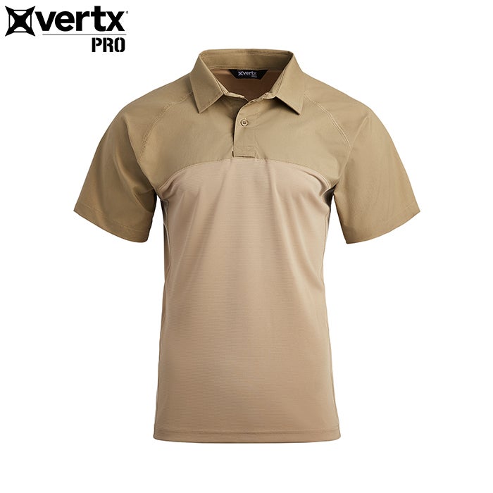 Product shot of a Vertx Pro tan short sleeve polo shirt featuring a two-tone design, a button-down collar, and contrasting shoulder panels