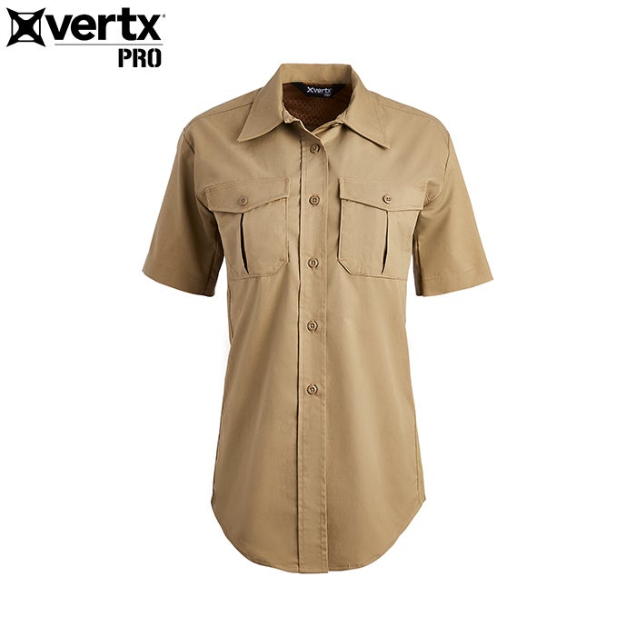 Product shot of a tan Vertx Pro women's short sleeve shirt featuring button closures, two flap pockets, and a breathable mesh collar