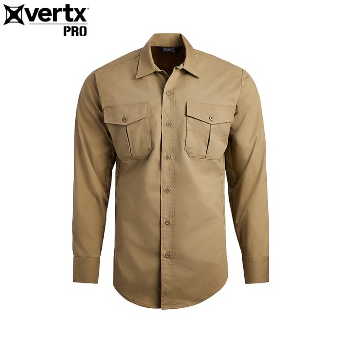 Product shot of a tan Vertx Pro long-sleeved shirt featuring button closures two flap pockets and reinforced cuffs