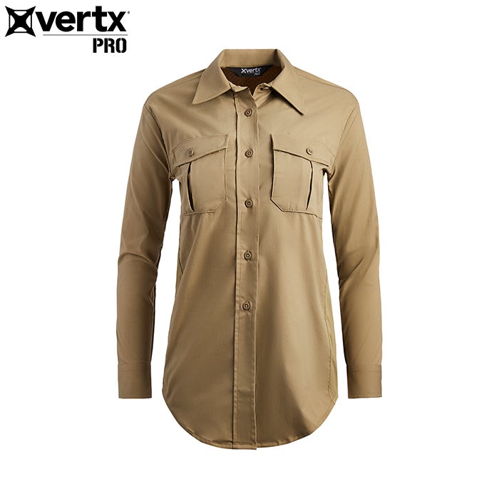 Product shot of a tan Vertx Pro women's long sleeve shirt featuring button closure, two chest pockets, and mesh underarm panels for breathability