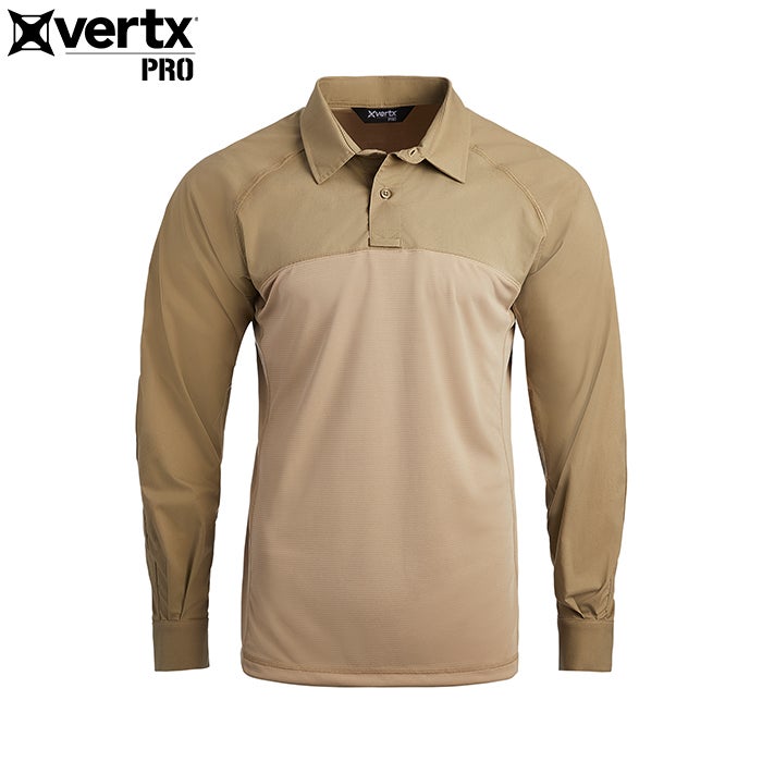 Product shot of a tan Vertx Pro long-sleeve polo shirt featuring a two-tone design, button closure, and contrasting sleeve panels