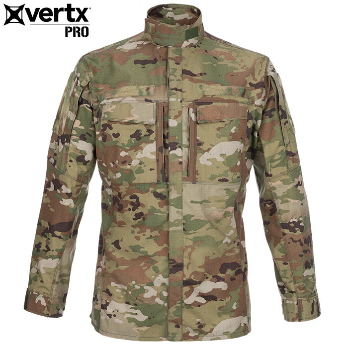 Product shot of a Vertx Pro OCP combat shirt featuring a high collar, multiple pockets, and a muted green, brown, and tan camouflage pattern