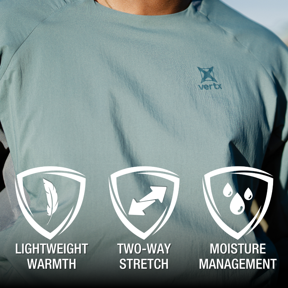 Product shot of Vertx lightweight teal long sleeve shirt showcasing lightweight warmth two way stretch and moisture management features