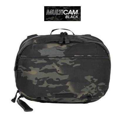 Product shot of a Multicam Black  sling bag featuring a muted camouflage pattern, dual zipper pulls, and a  black plastic zipper pull